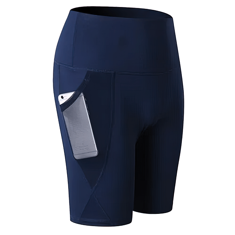 Navy blue high-waisted quick-dry sports shorts with side pocket for women, ideal for yoga or running, featuring stylish patchwork details.